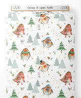 Tissu - Oiseaux et sapins festifs
