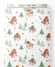 Tissu - Oiseaux et sapins festifs