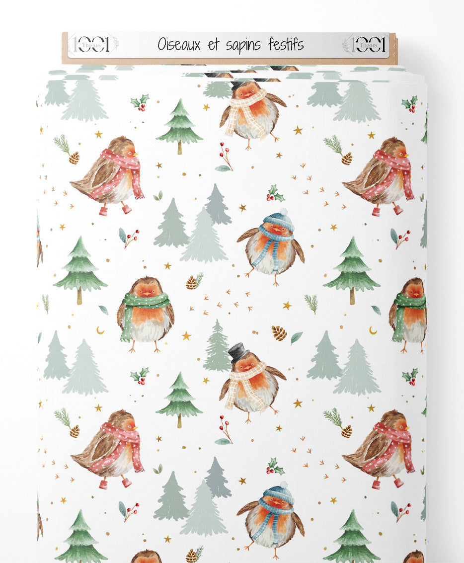 Tissu - Oiseaux et sapins festifs