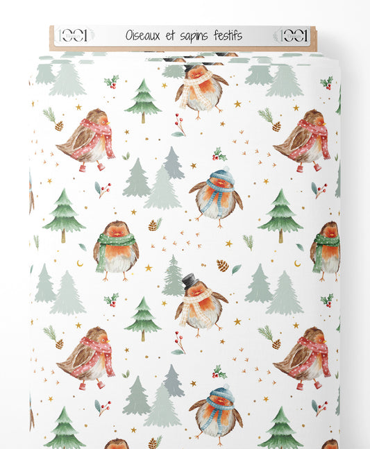 Tissu - Oiseaux et sapins festifs