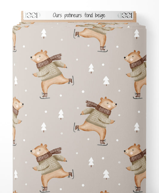 Tissu - Ours patineurs sur fond beige