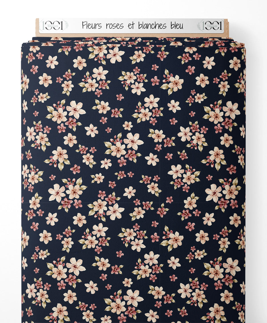 Tissu - Fleurs roses et blanches bleu