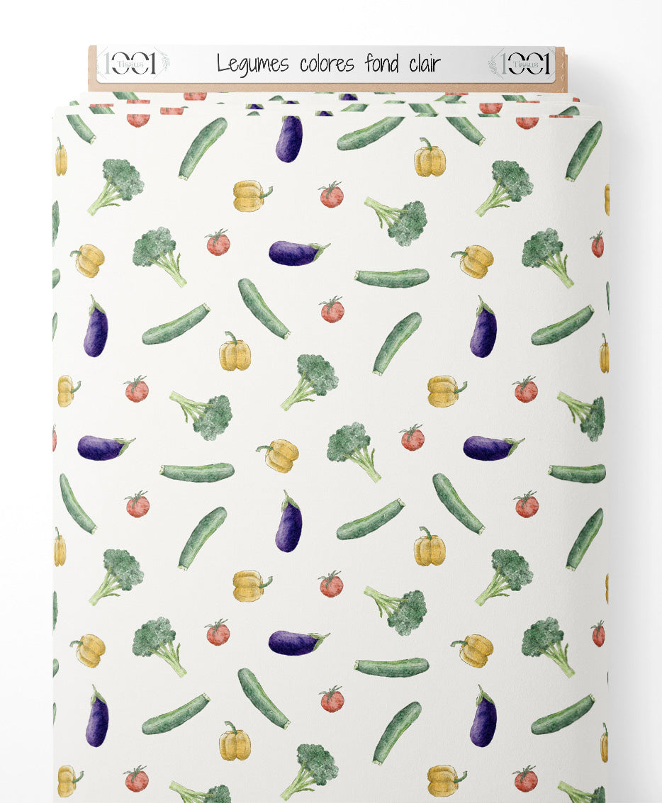 Tissu - Légumes colorés sur fond clair