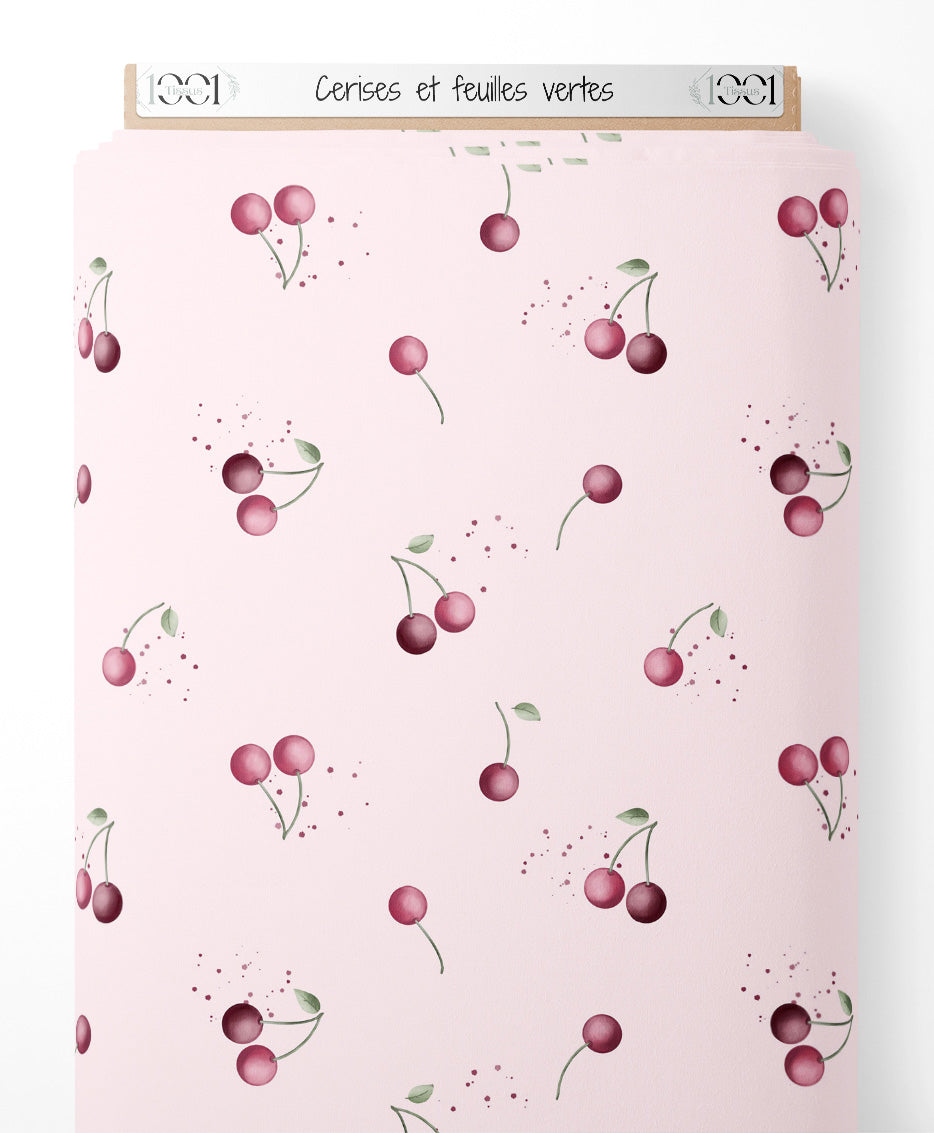 Tissu - Cerises et feuilles vertes