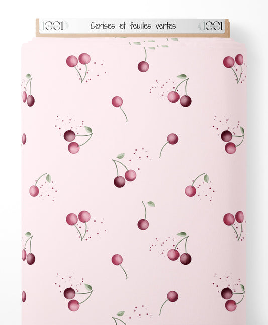 Tissu - Cerises et feuilles vertes