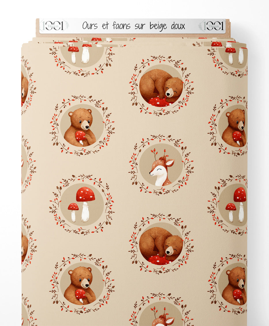 Tissu - Ours et faons sur beige doux