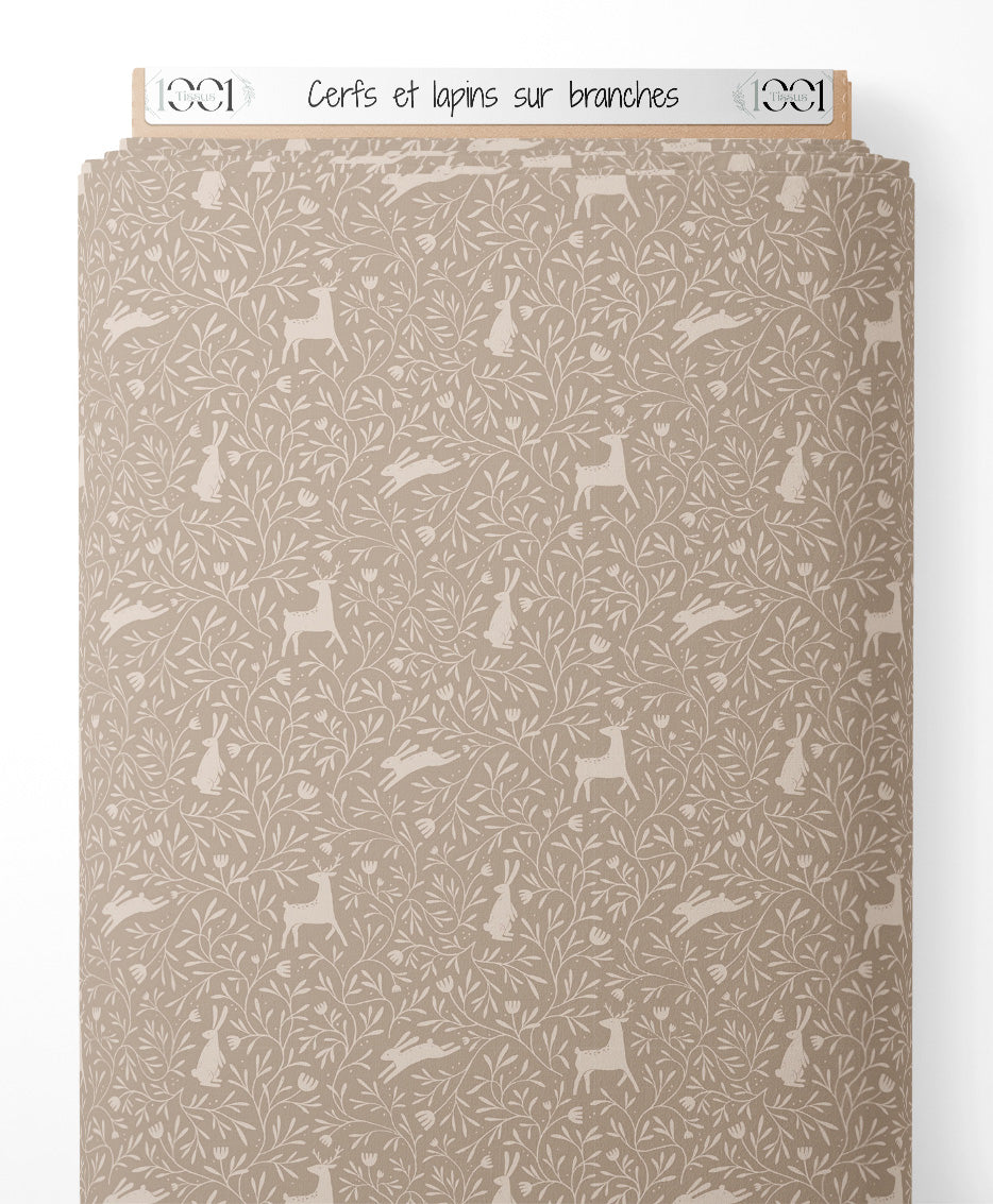 Tissu - Cerfs et lapins sur branches