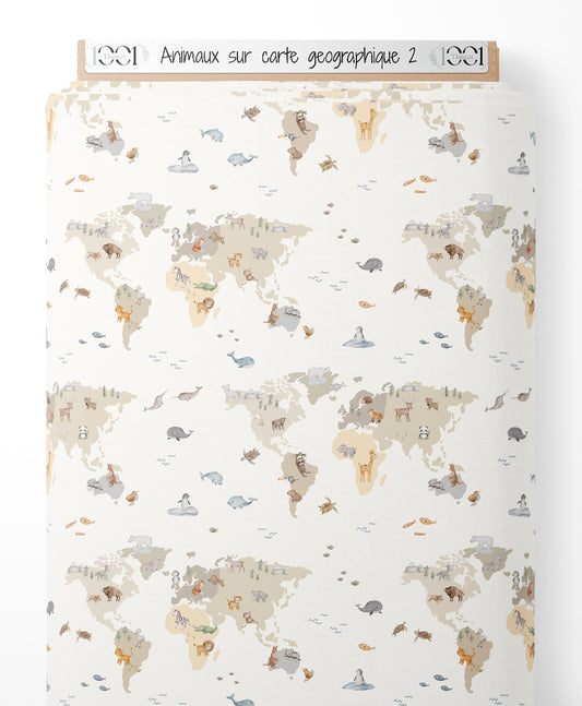 Tissu - Animaux sur carte géographique 2