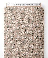Tissu - Fleurs beige avec feuillage vert