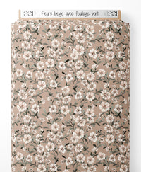 Tissu - Fleurs beige avec feuillage vert