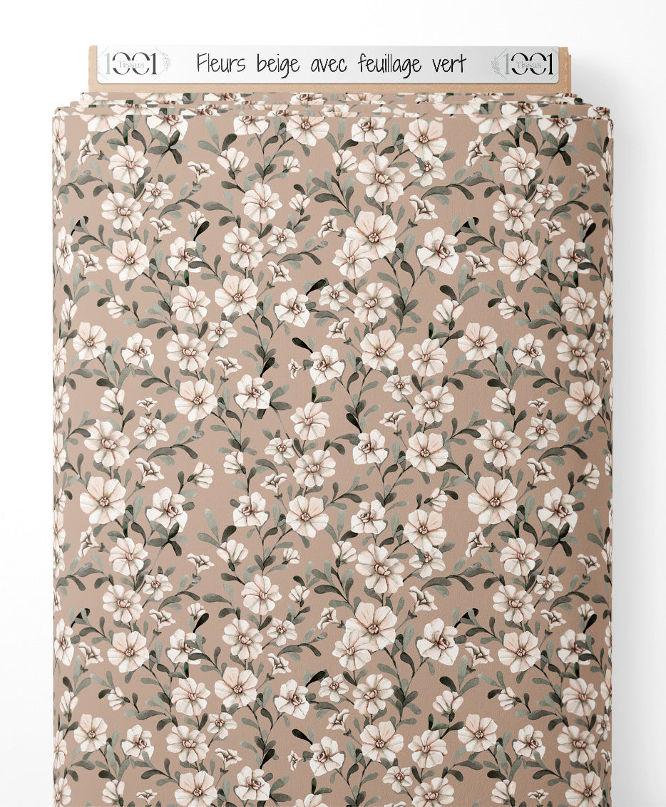 Tissu - Fleurs beige avec feuillage vert