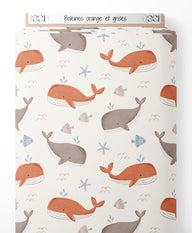 Tissu - Baleines orange et grises