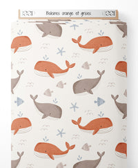 Tissu - Baleines orange et grises