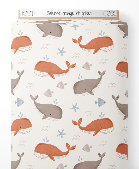 Tissu - Baleines orange et grises