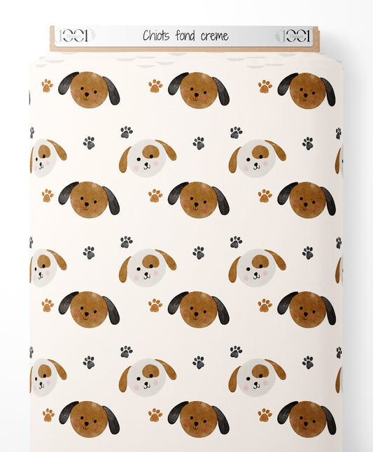 Tissu - Chiots sur fond crème