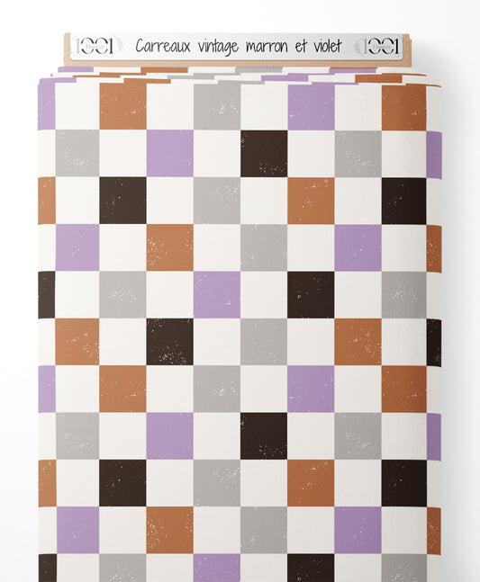 Tissu - Carreaux vintage marron et violet
