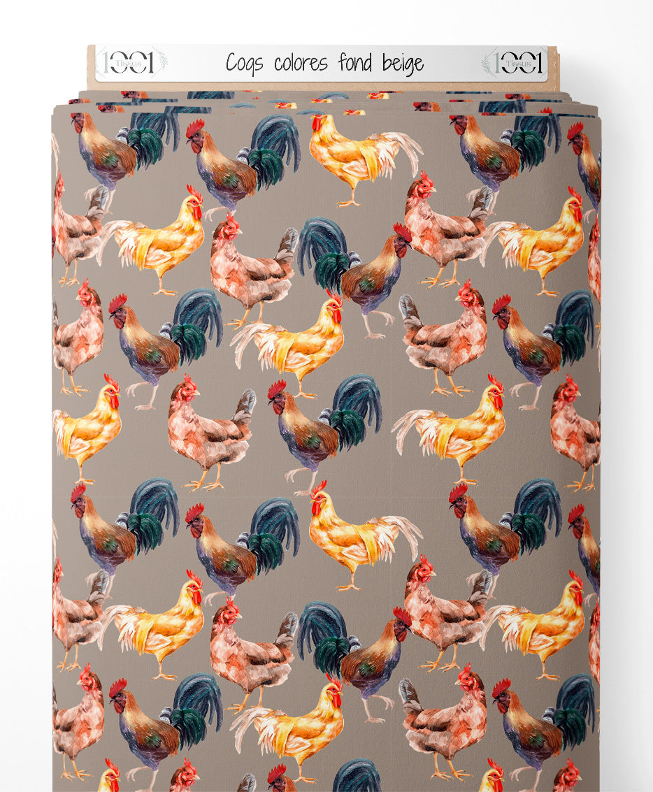 Tissu - Coqs colorés sur fond beige