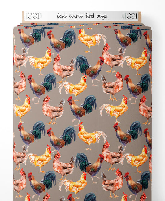 Tissu - Coqs colorés sur fond beige