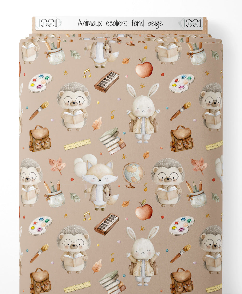 Tissu - Animaux écoliers sur fond beige