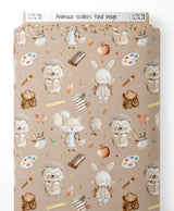 Tissu - Animaux écoliers sur fond beige