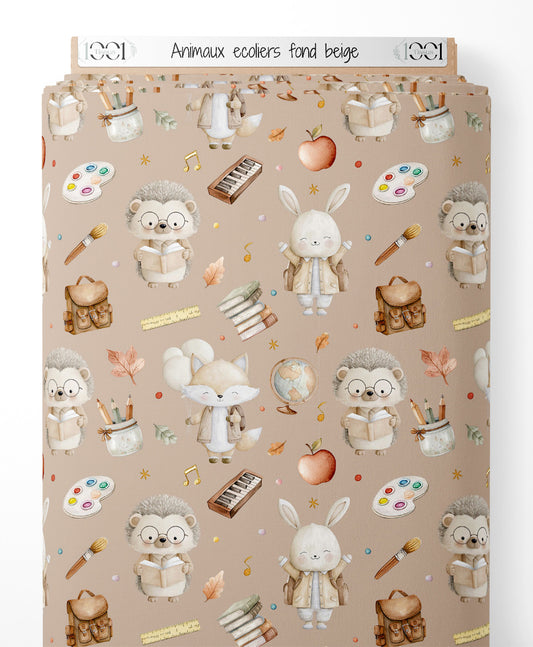 Tissu - Animaux écoliers sur fond beige