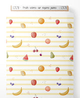 Tissu - Fruits colorés sur rayures jaunes