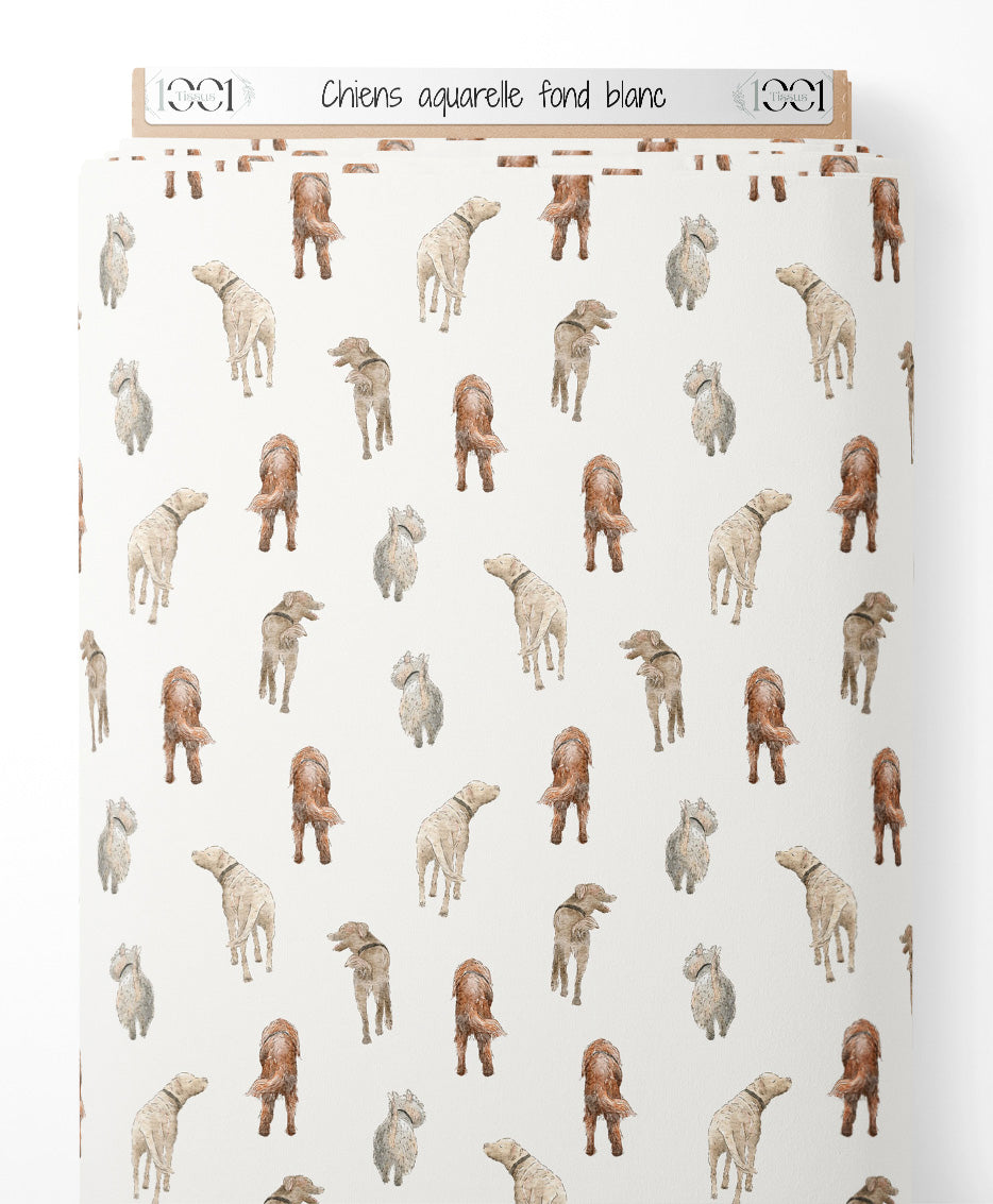 Tissu - Chiens aquarelle sur fond blanc
