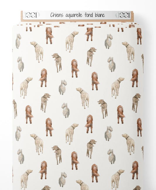 Tissu - Chiens aquarelle sur fond blanc