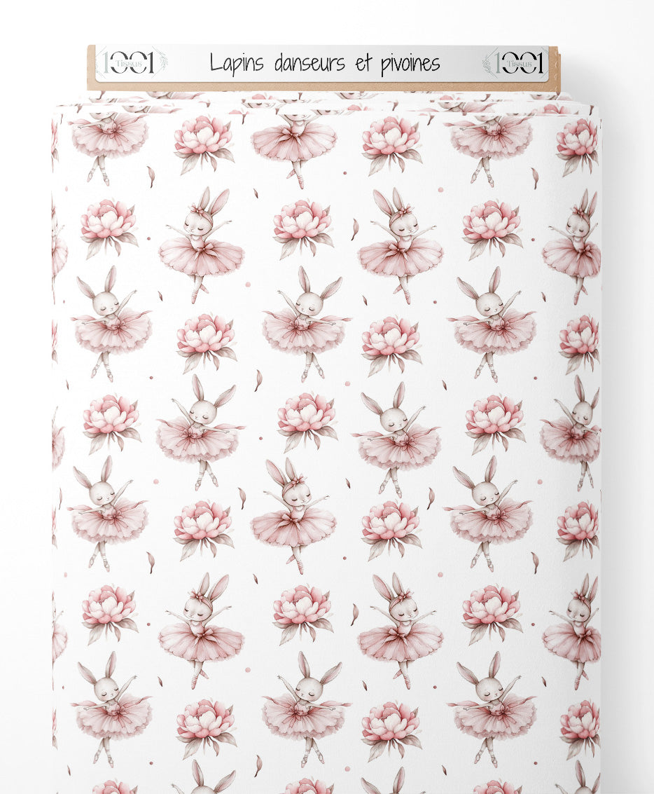 Tissu - Lapins danseurs et pivoines