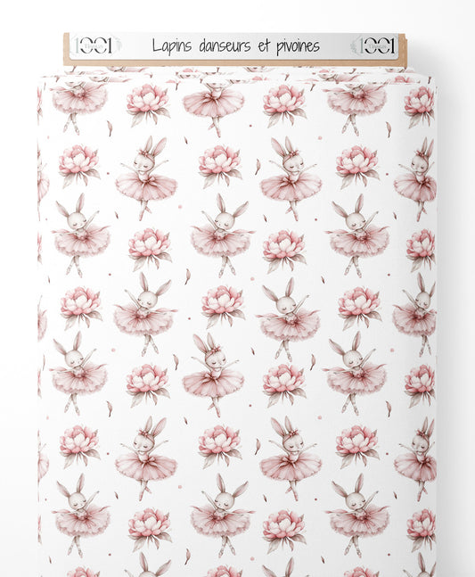 Tissu - Lapins danseurs et pivoines