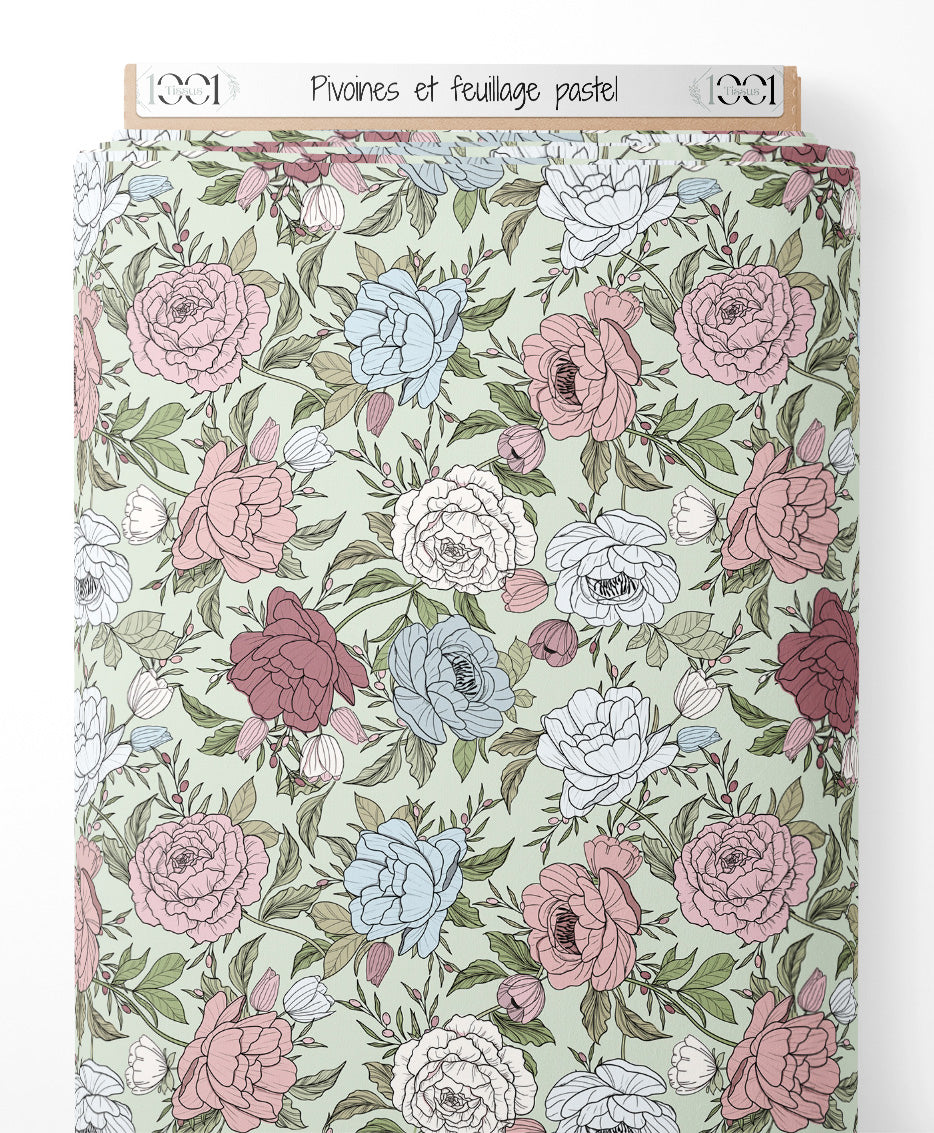 Tissu - Pivoines et feuillage pastel