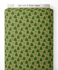 Tissu - Sapin vert et flocons neigeux