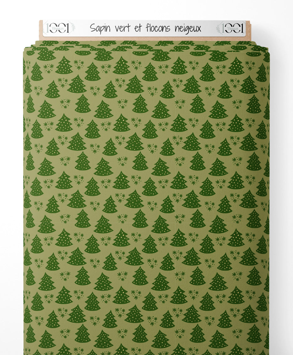 Tissu - Sapin vert et flocons neigeux