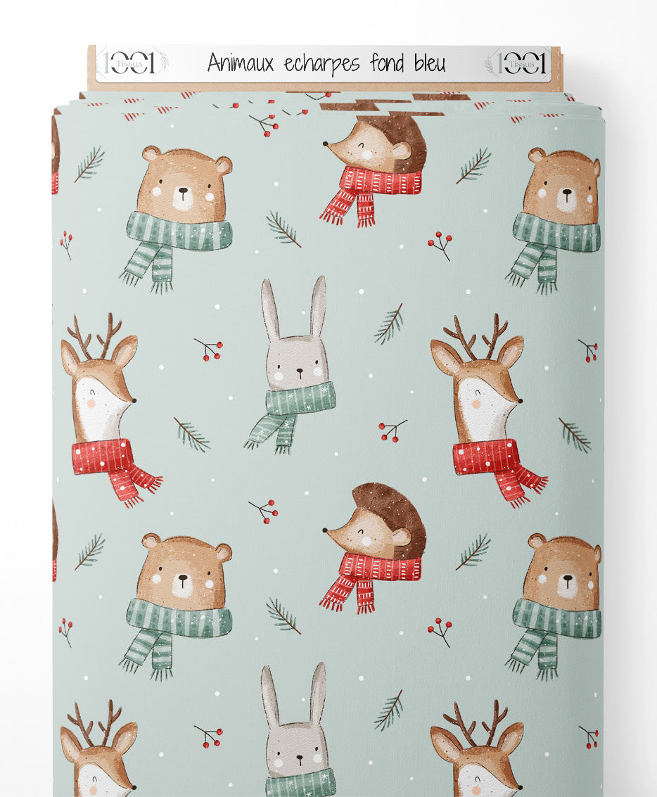 Tissu - Animaux écharpes fond bleu