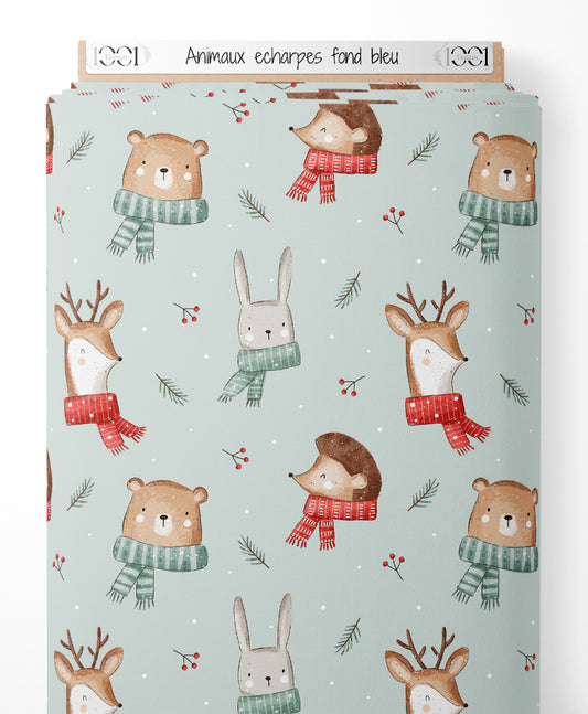 Tissu - Animaux écharpes fond bleu