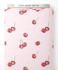 Tissu - Cerises aquarelle fond rose