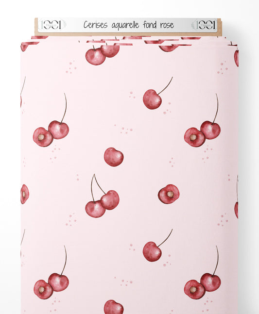 Tissu - Cerises aquarelle fond rose