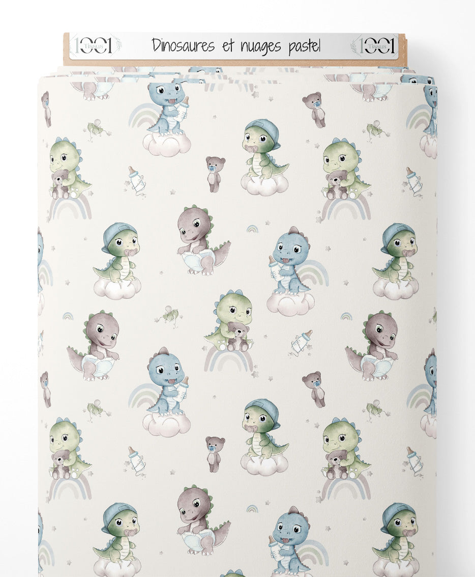 Tissu - Dinosaures et nuages pastel