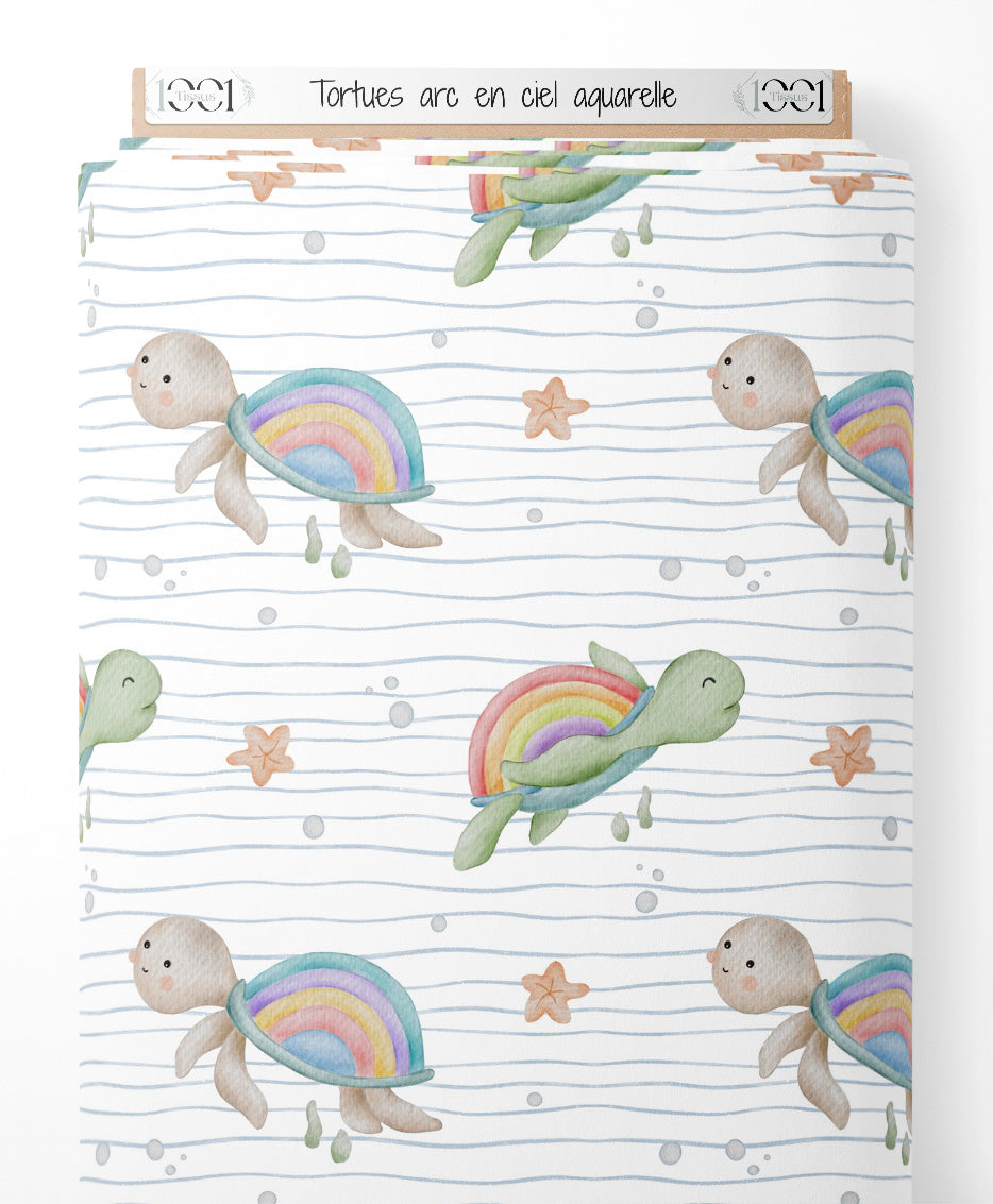 Tissu - Tortues arc-en-ciel aquarelle