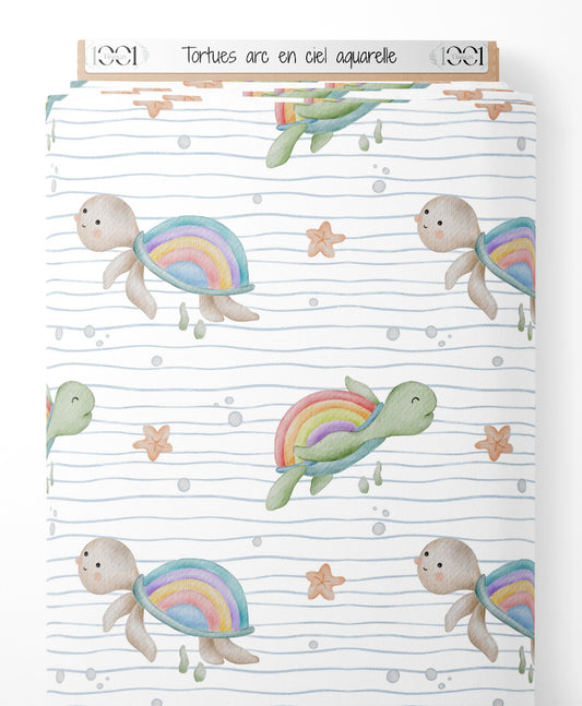 Tissu - Tortues arc-en-ciel aquarelle