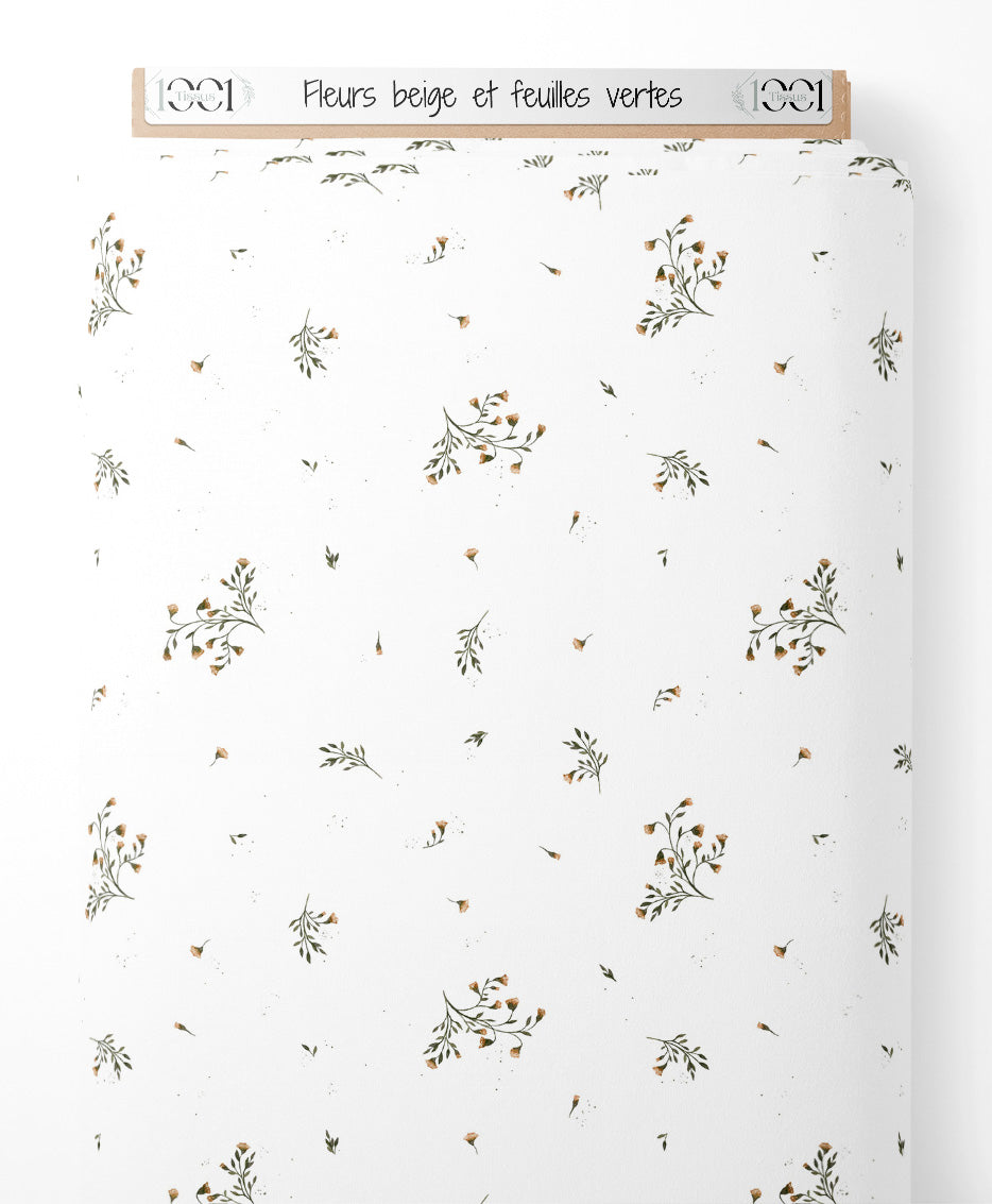 Tissu - Fleurs beige et feuilles vertes