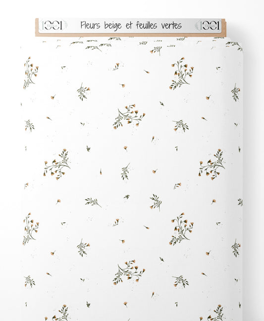 Tissu - Fleurs beige et feuilles vertes