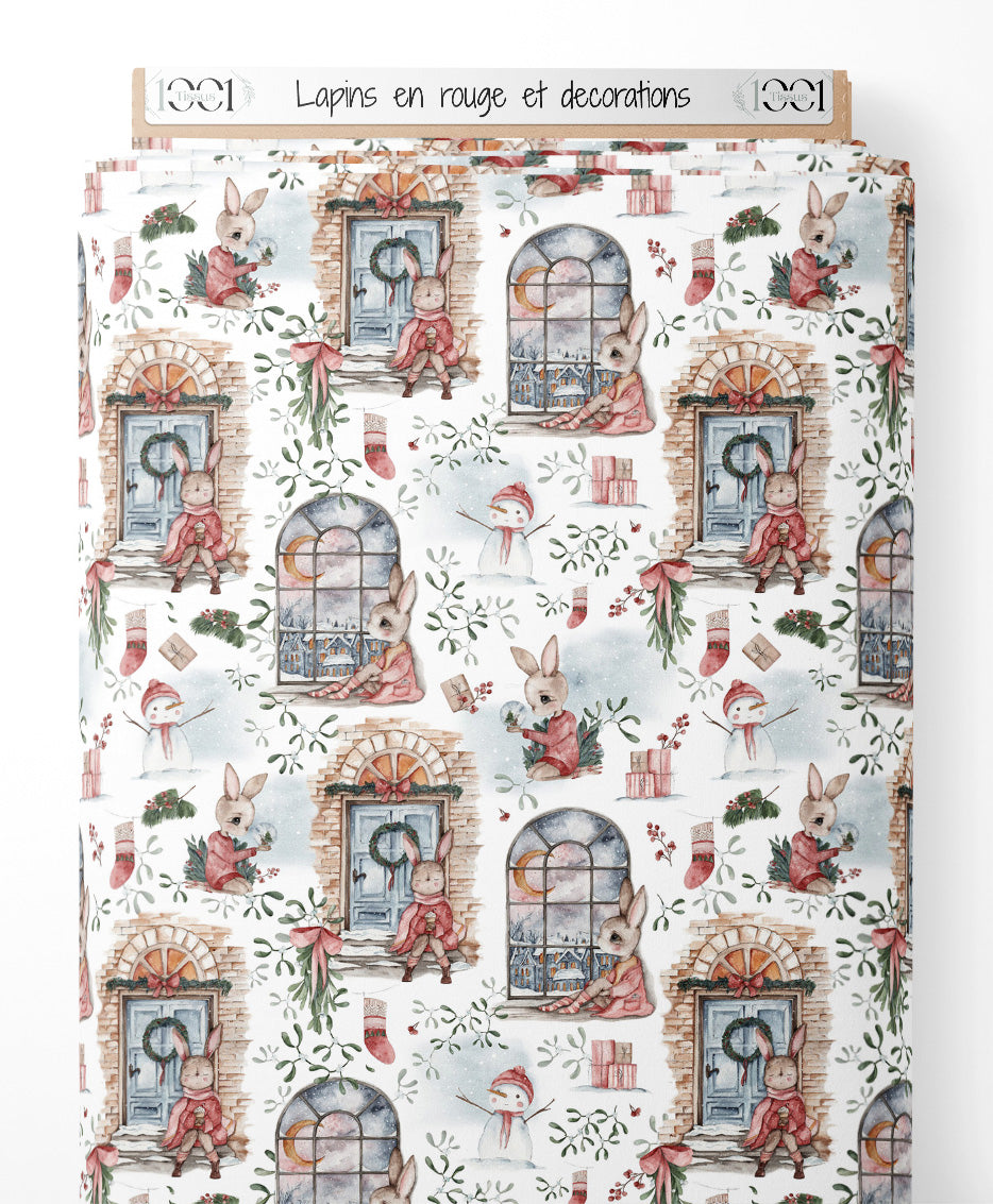 Tissu - Lapins en rouge et décorations