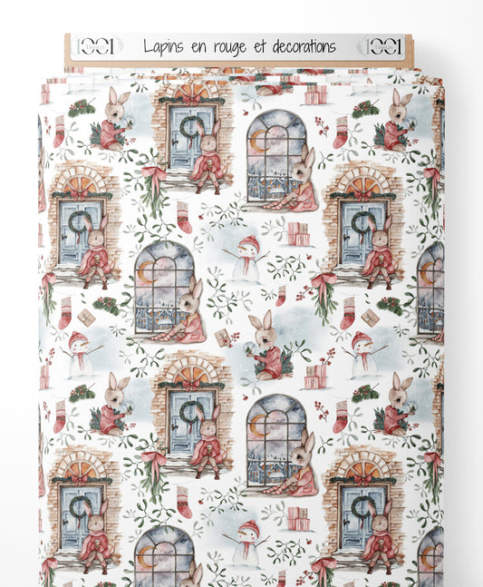 Tissu - Lapins en rouge et décorations
