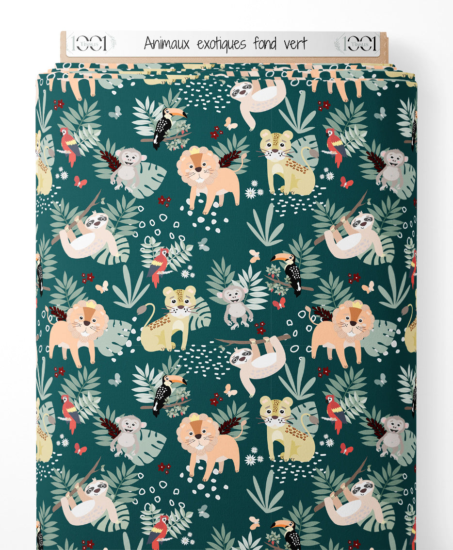 Tissu - Animaux exotiques sur fond vert