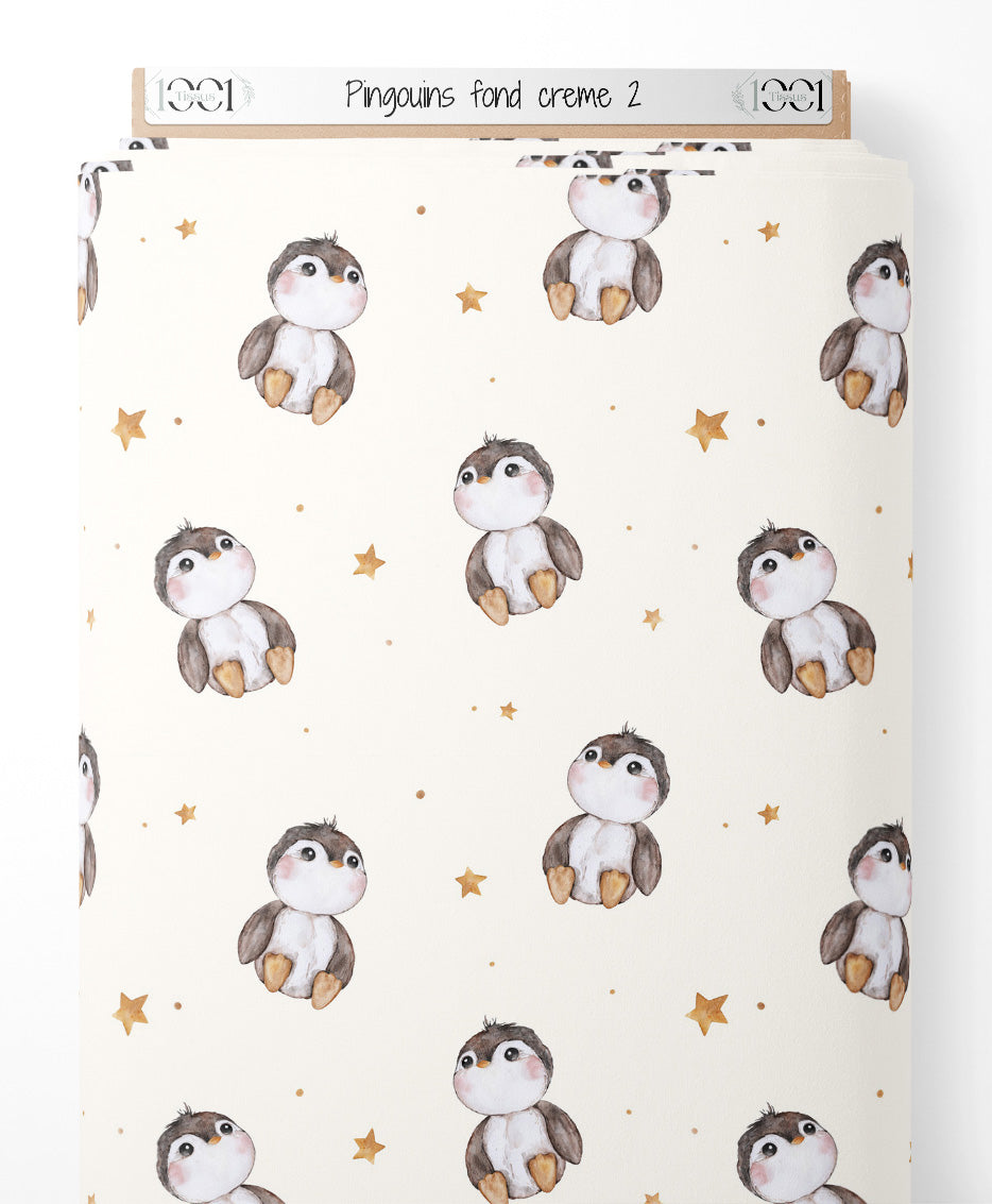 Tissu - Pingouins sur fond crème 2