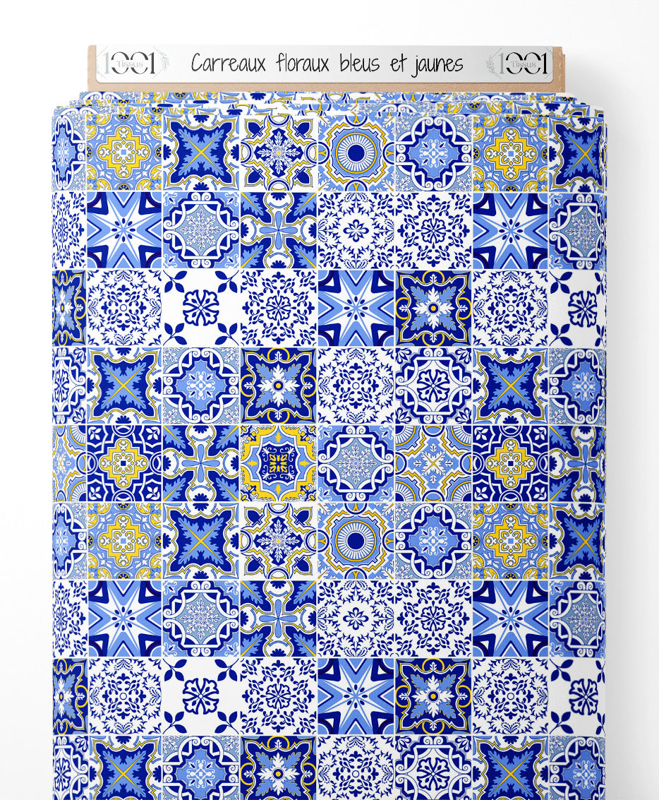 Tissu - Carreaux floraux bleus et jaunes