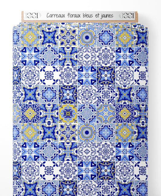Tissu - Carreaux floraux bleus et jaunes