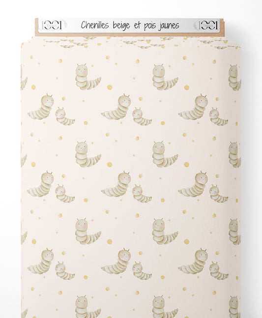 Tissu - Chenilles beige et pois jaunes