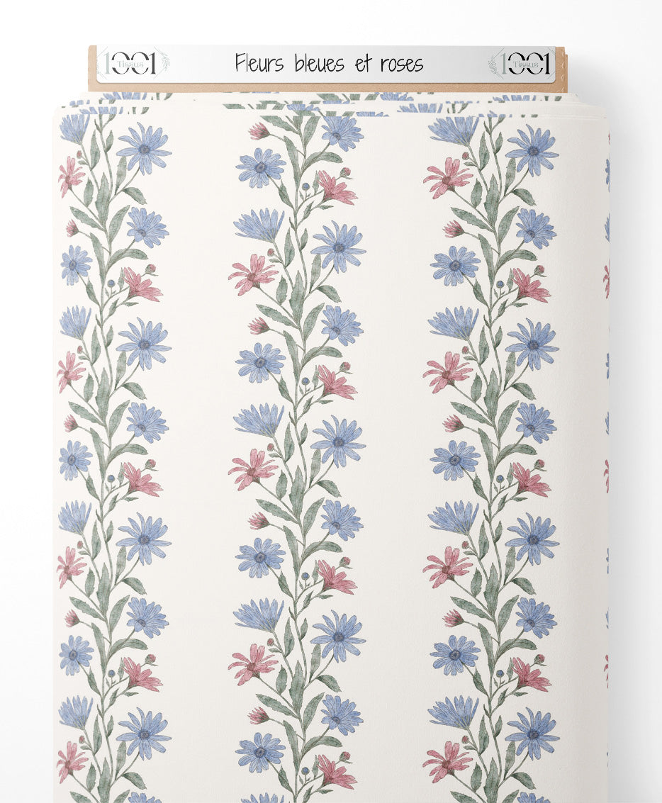 Tissu - Fleurs bleues et roses